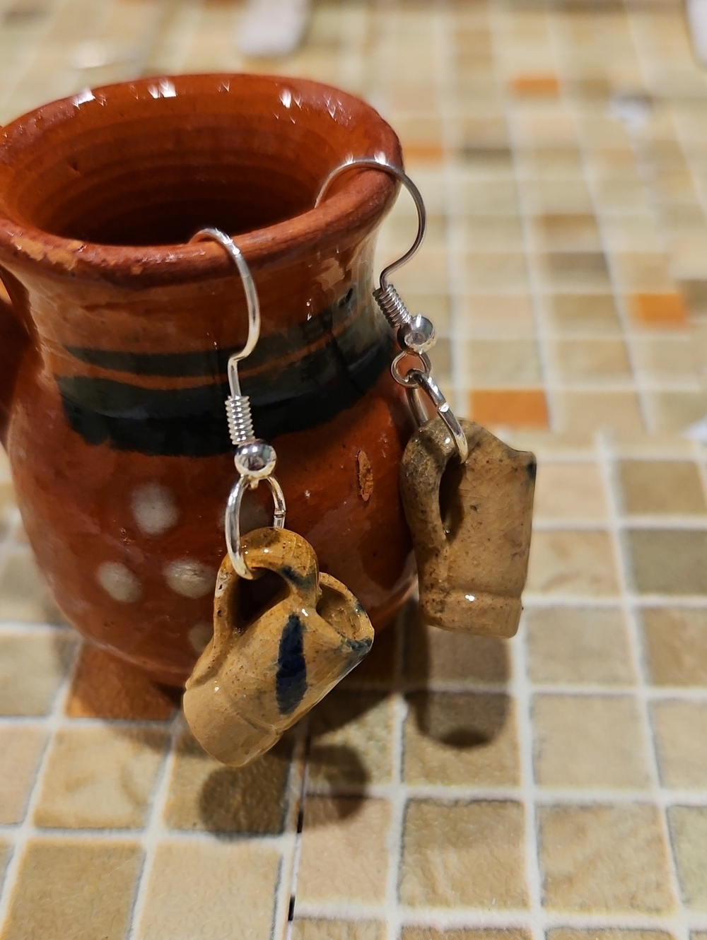 Handmade Miniature Mug Earrings — Tan with Blue Accent